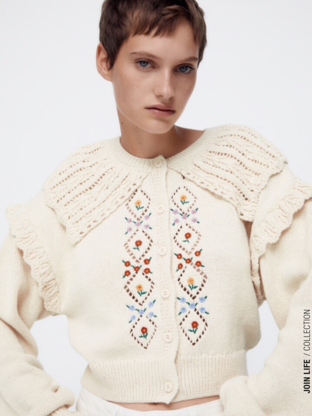 Zara Cream Cropped Embroidered Knit Cardigan